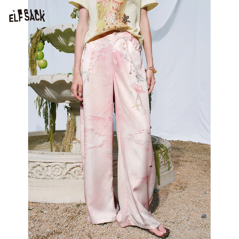 

ELFSACK Women's Sweet Wide‑Leg Pants with Trompe L'oeil Faux Denim Print & Lace Chain Detail, Cool Breathable Casual Bottom