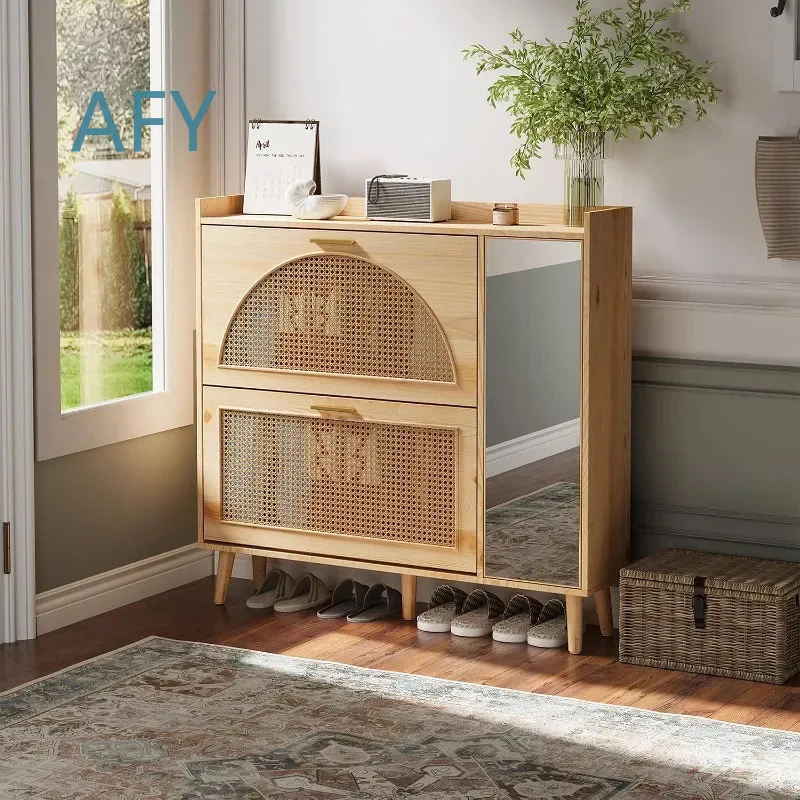 Modern Natural Rattan Shoe Cabinet with Mirror for Home Entryway Storage Freestanding Hidden Shoe Rack 2 Flip Drawers Wooden