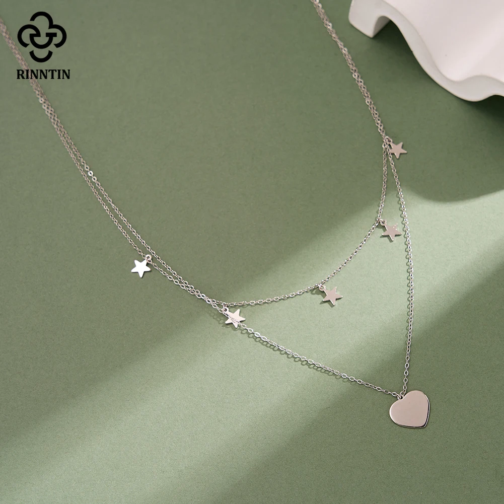 

Rinntin Elegant 925 Sterling Silver Layered Heart Necklace for Women Summer Fashion Choker Chain Jewelry Accessory BQN46