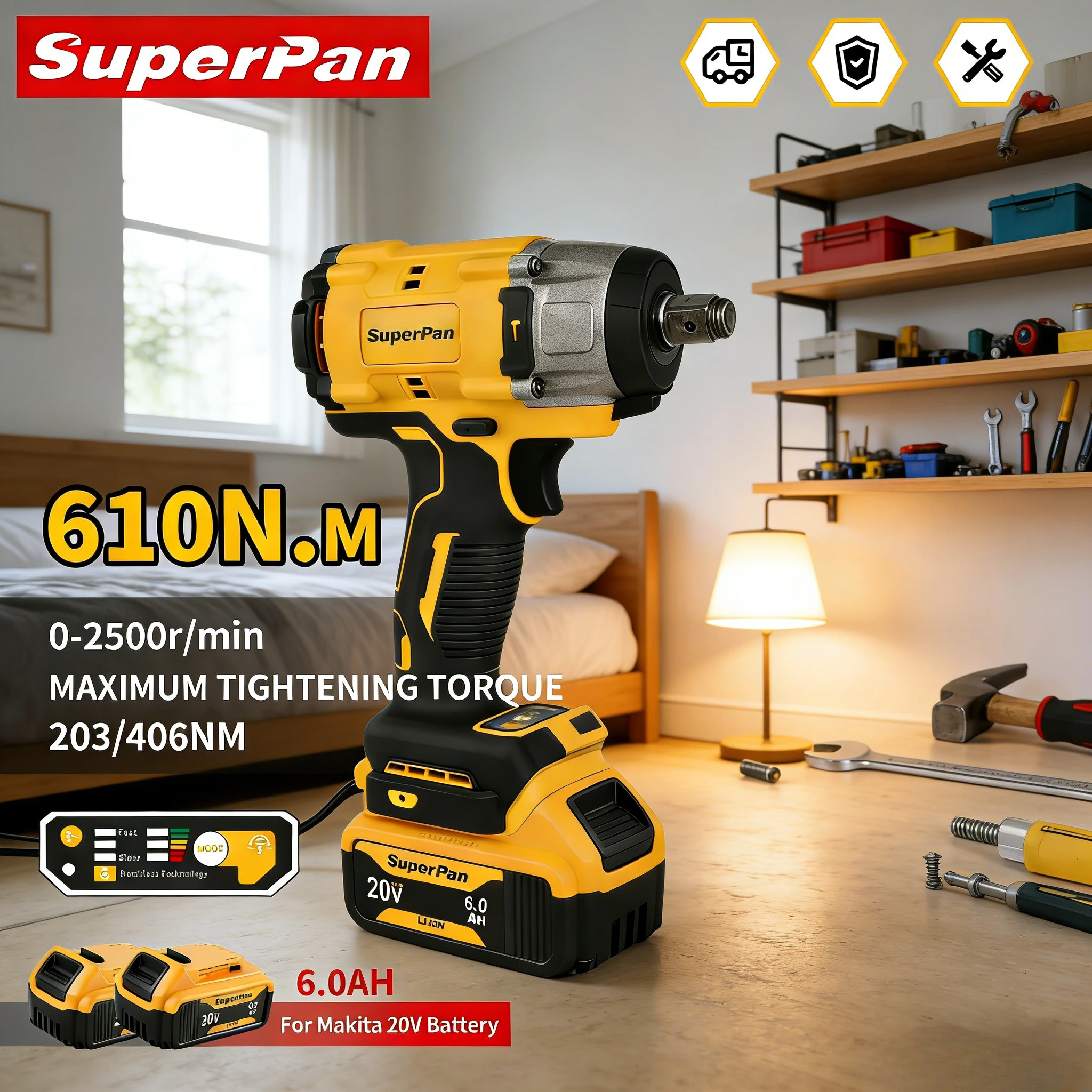 

SuperPan Brushless Impact Wrench Torque Adjustment Anti-Vibration Scaffolding Installation 20V 610Nm 1/2" Drive for Dewalt