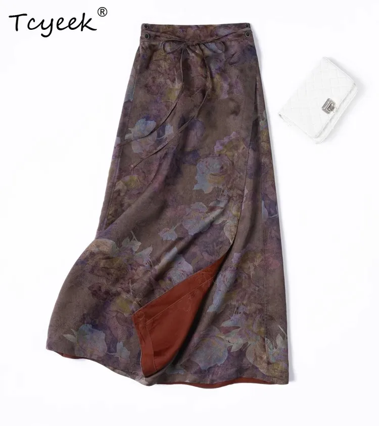 

Tcyeek Summer 24MM 100% Mulberry Silk Skirt,Women Jacquard Double-Sided Elastic Waist Slits Tie Long Straight Skirt D55731JF
