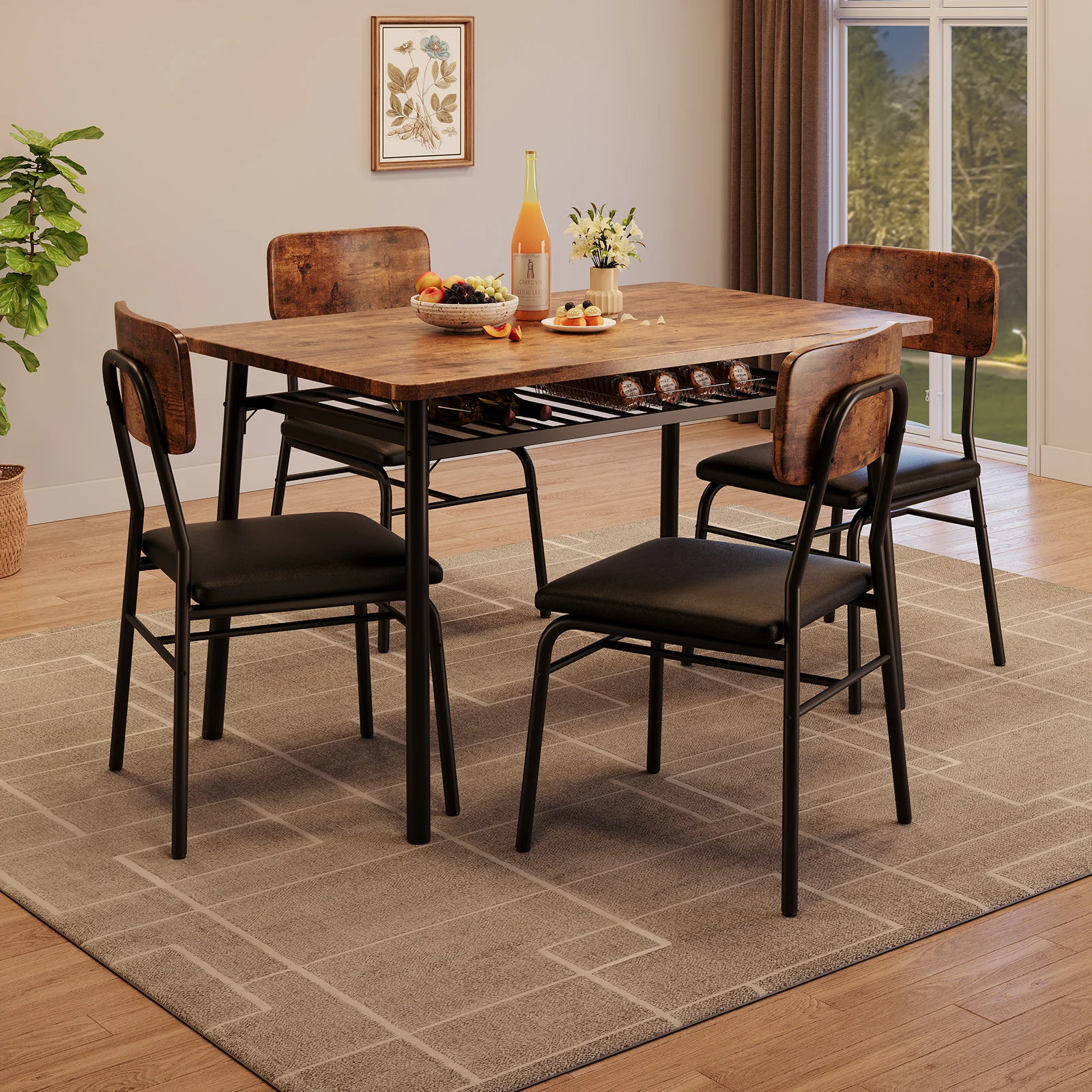 5-Piece Dining Table Set for 4 with Storage Rack, Kitchen Dinette Set Includes Wood Tabletop & 4 Upholstered Chairs, Heavy-Duty Metal Frame, Space-Saving Dining Room Furniture for Apartment & Breakfast Nook