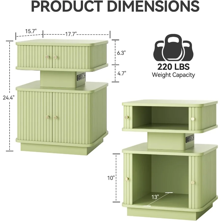 Nightstands Set of 2 with Charging Station Modern Night Stands Set 2 with Smart Led Light and Small Sliding Door Cabinets Curvy