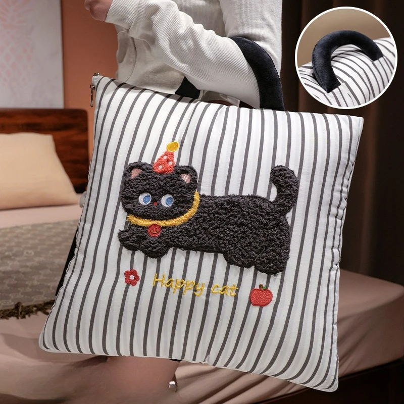 Cartoon Striped Pillow Blanket 2-in-1 Air Conditioner Quilt for Car Soft Breathable Multi-Use Nap Blanket Women Gift - view 3