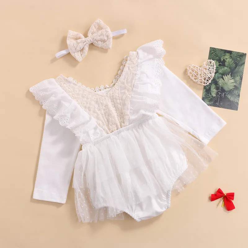 Newborn Baby Girl Lace Bodysuit Autumn Clothes Ruffle Long Sleeve Floral Tutu Jumpsuit with Headband Baby Items Clothing