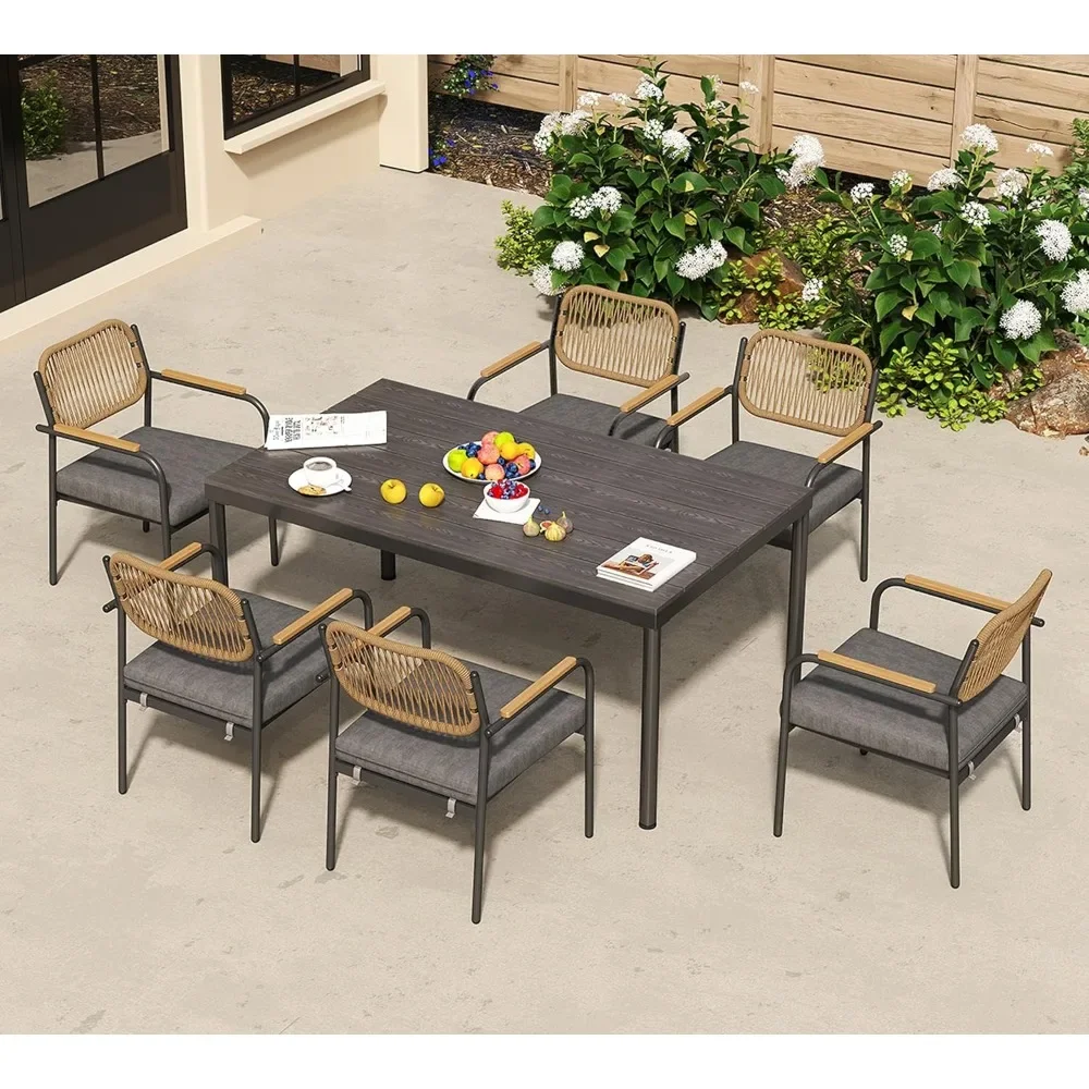 

Wicker Outdoor Dining Set for 6, Upholstered 7 Piece Patio Dining Set with Armrests, Modern Outdoor Dining Table Sets