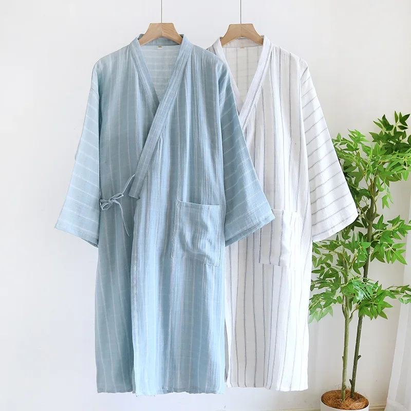 2024 nouveau été hommes pyjamas Robe 100% coton Robe pyjamas amples hommes Robe bleu rayé Pknit Robe de nuit