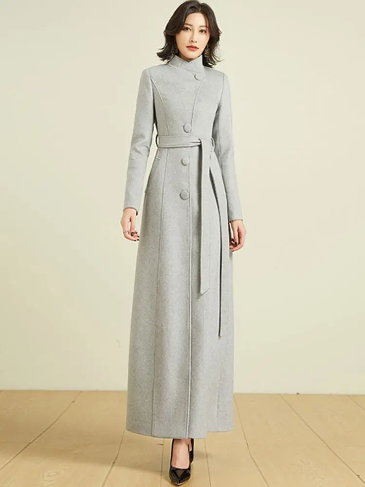 New Women Long Woolen Coat Autumn Winter Elegant Chic Turn-down Collar Belt Slim Wool Blends Coat Fashion Overlength Outerwear