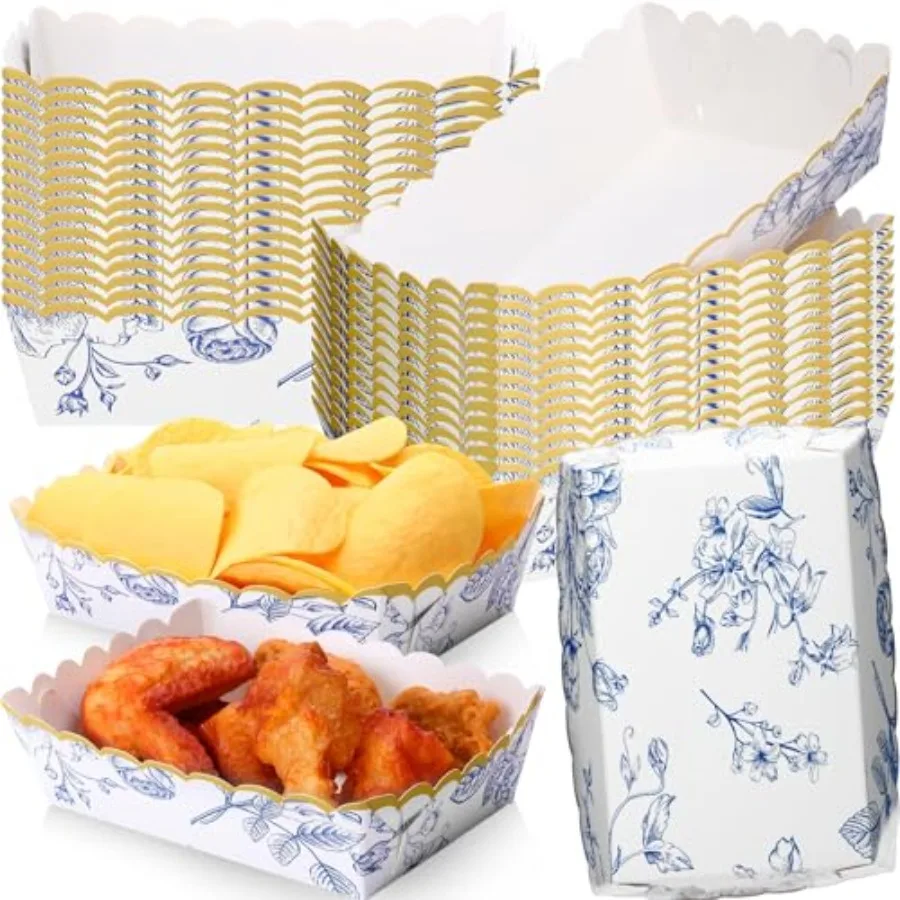

48 Pack Blue and White Floral Plates Paper Food Trays Scalloped Disposable Food Boat Nachos Snack Hot Dog Taco Serving Trays fo