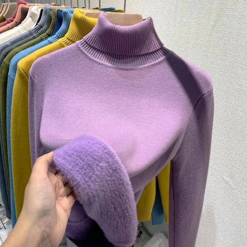 2024 musim gugur dan musim dingin baru tebal beludru Sweater wanita tinggi leher Pullover Sweater hangat Slim rajutan dasar Sweater jaket atasan