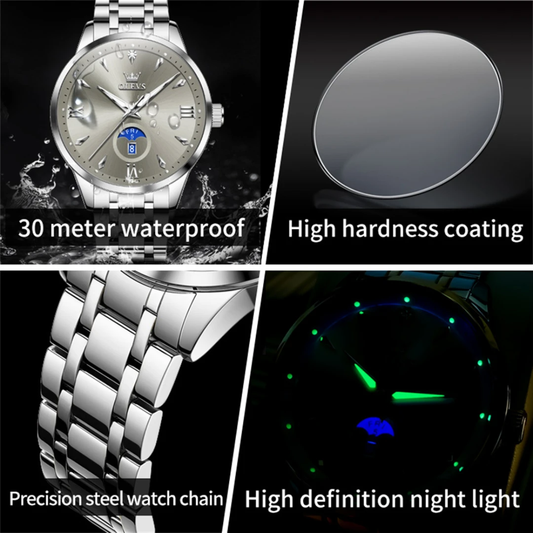 OLEVS 3646 mode montre à Quartz cadeau bracelet en acier inoxydable cadran rond montre-bracelet semaine affichage calendrier lumineux