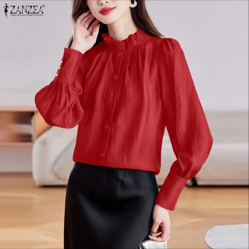 

Женская минималистичная красная рубашка ZANZEA, элегантная плиссированная рубашка с воротником-стойкой и длинными рукавами, повседневные топы на пуговицах, женская одежда, 3XL