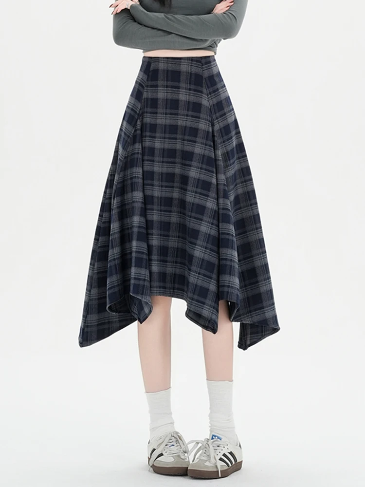 

Повседневная юбка А-силуэта с завышенной талией, асимметричный клетчатый дизайн, корейский стиль, весенняя новинка, женская юбка из полиэфирного волокна