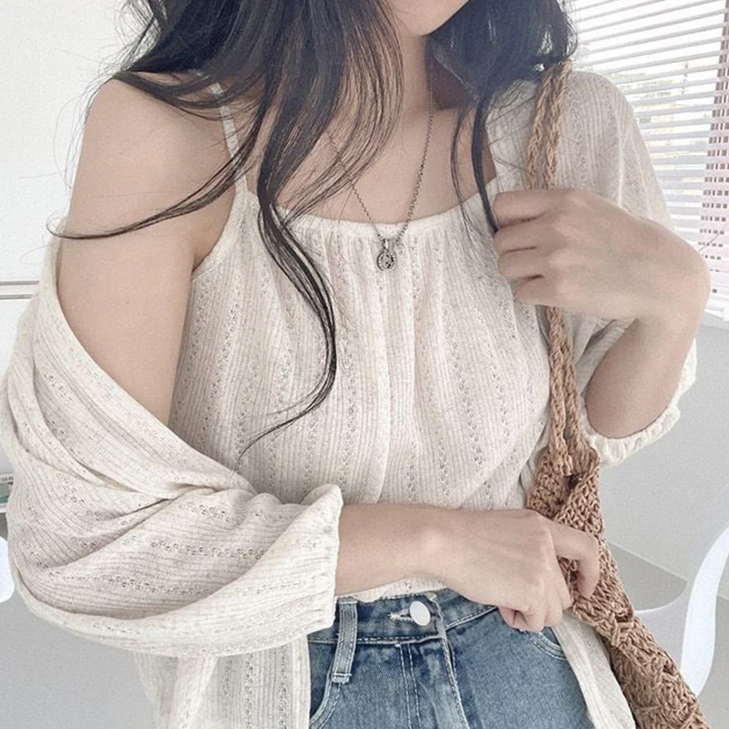 

​​Women's Floral Jacquard Cami Set Sheer Sunshade Top Summer UV Protection Relaxed Fit Coordinated Outfit​​
