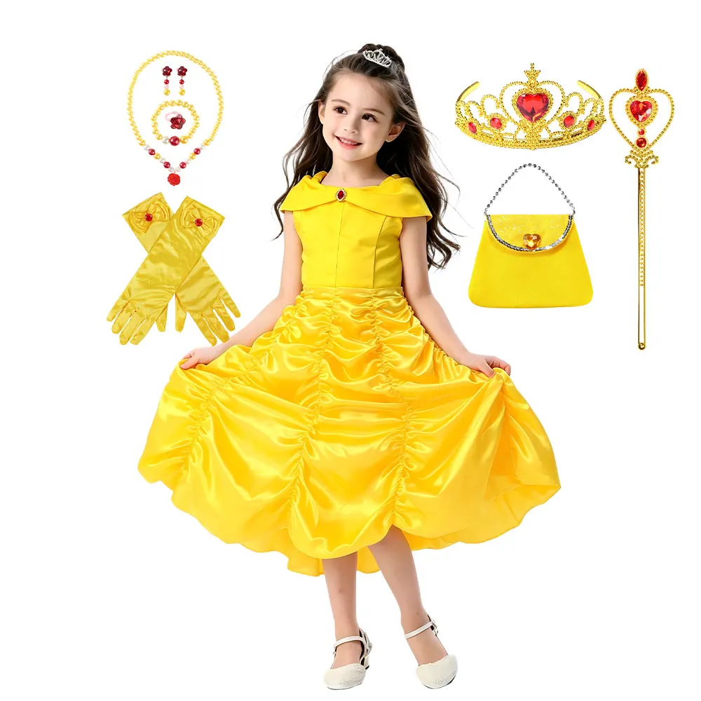 Off Shoulder Girls Royal Yellow Princess Dress Ruffled Skirt Kid Beauty and Beast Fairy Tale Birthday Party Cosplay Belle Outft