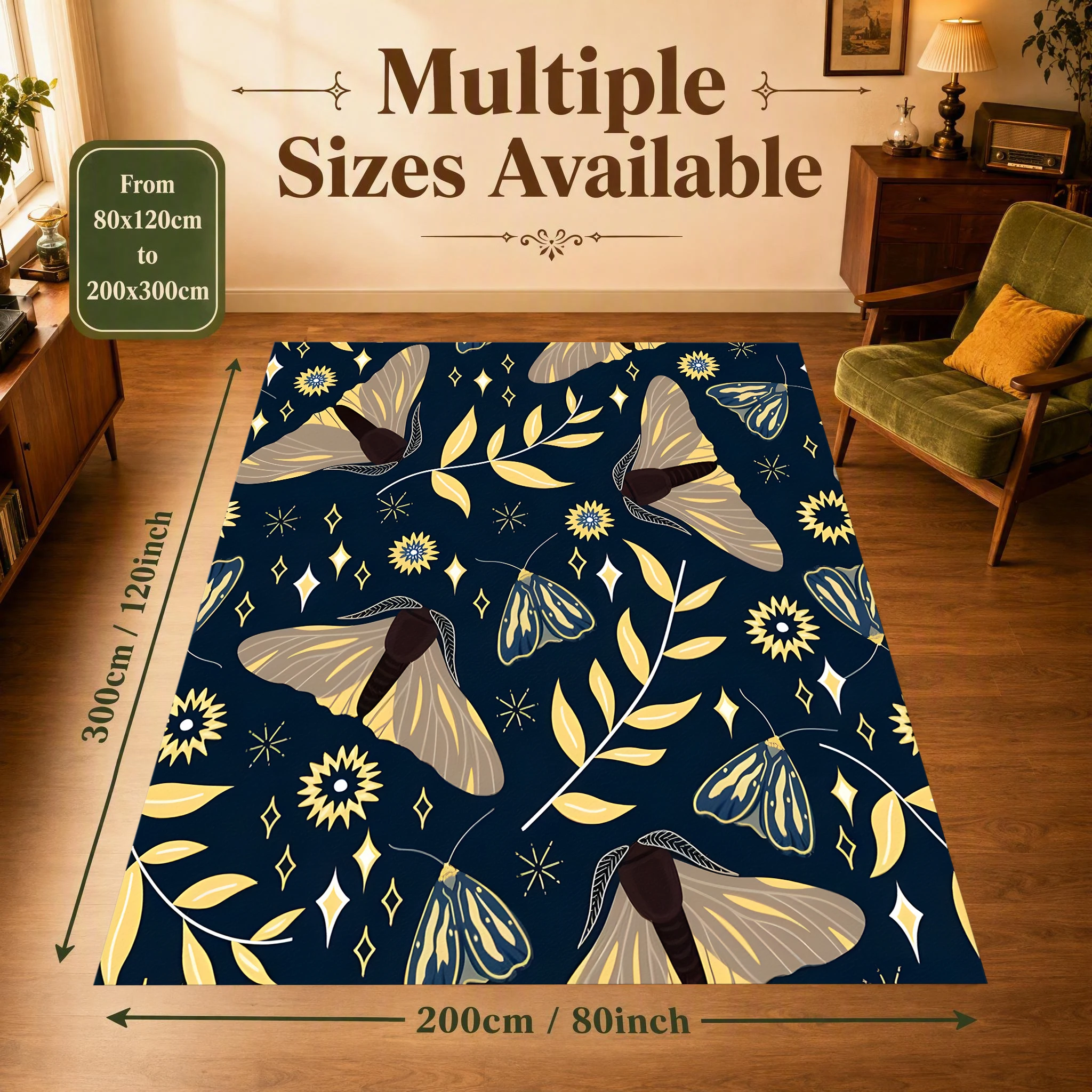 2D Large Carpet Gilded Moth Floral Starburst Luxurious Retro Style for Living Room Bedroom