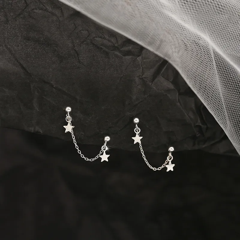 CIAXY Silver Color Star Stud Earrings for Women Romantic Tassel Ear Chain Double Pierced Earring  Jewelry Gifts