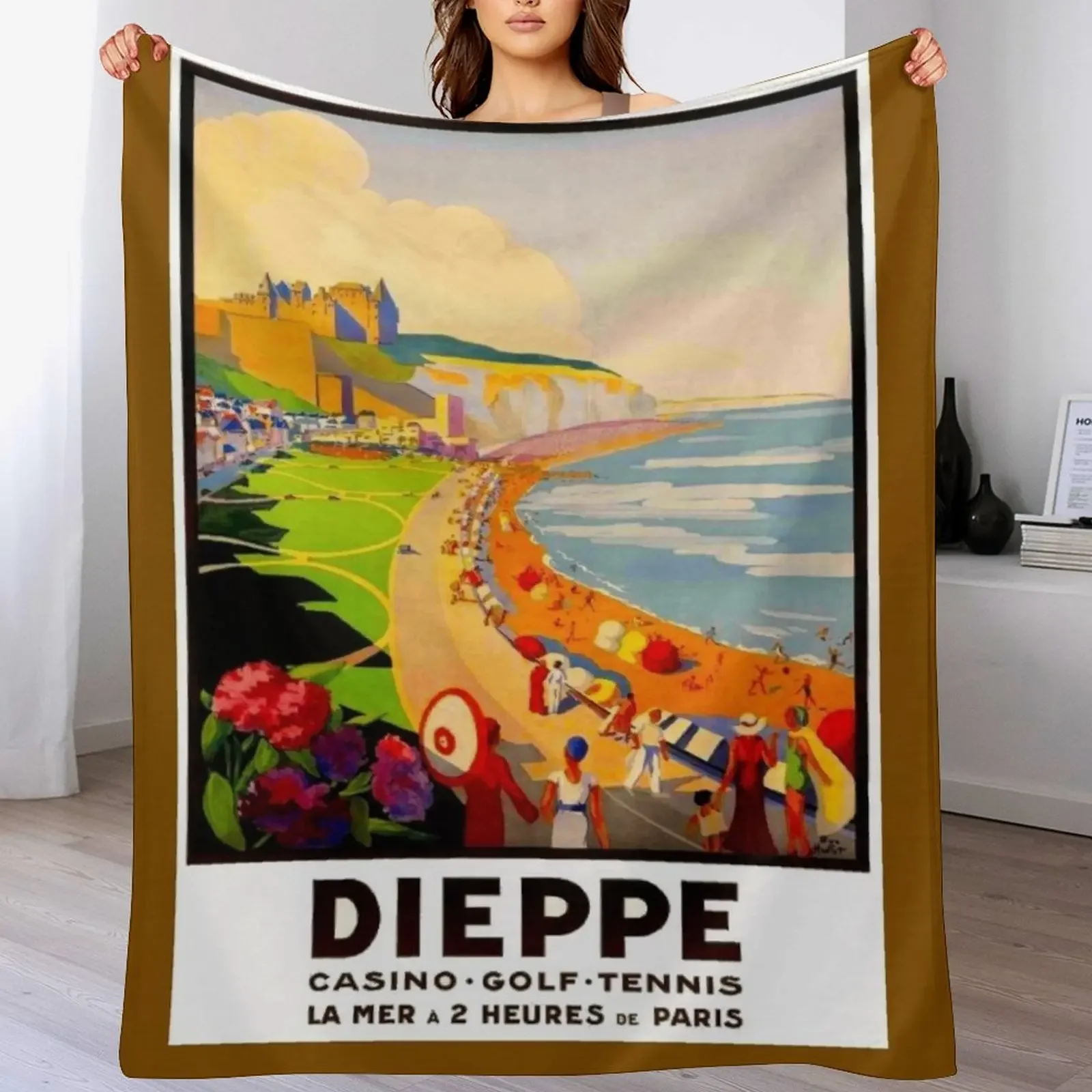 DIEPPE FRANCE : Vintage 1930 Resort Beach Scene Advertising Print Throw Blanket Soft Beds Baby Blankets