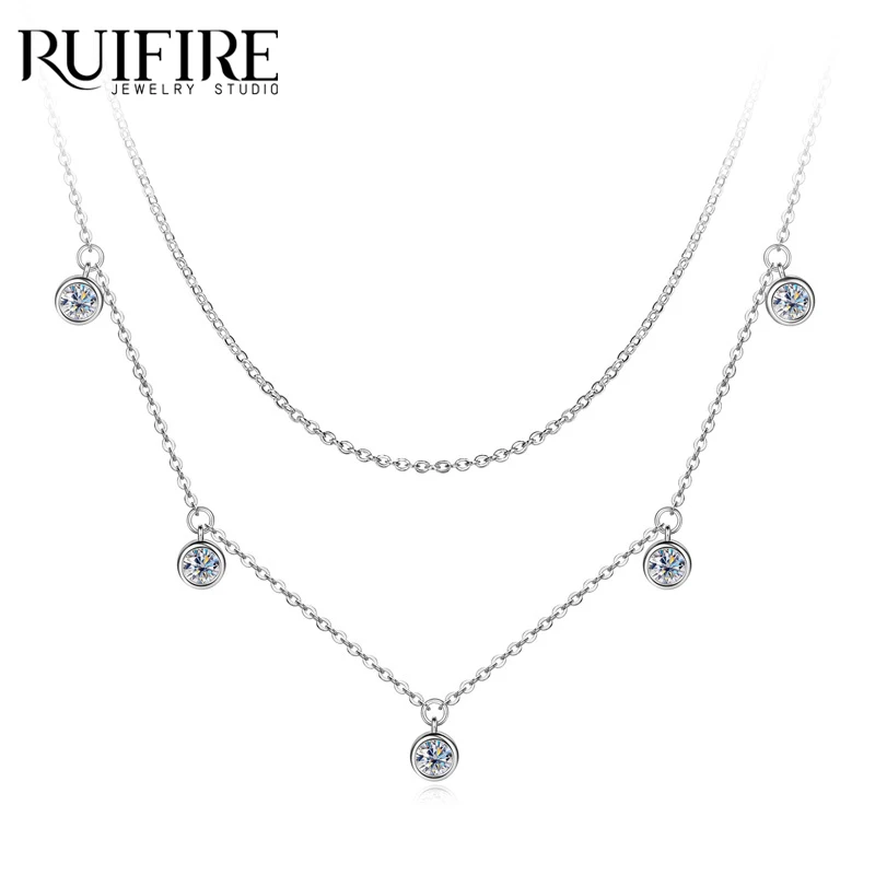 

RUIFIRE Moissanite Necklace Double Chain Minimalist Fine Jewelry S925 Stering Silver White Gold Plated Bohemia Gift For Women