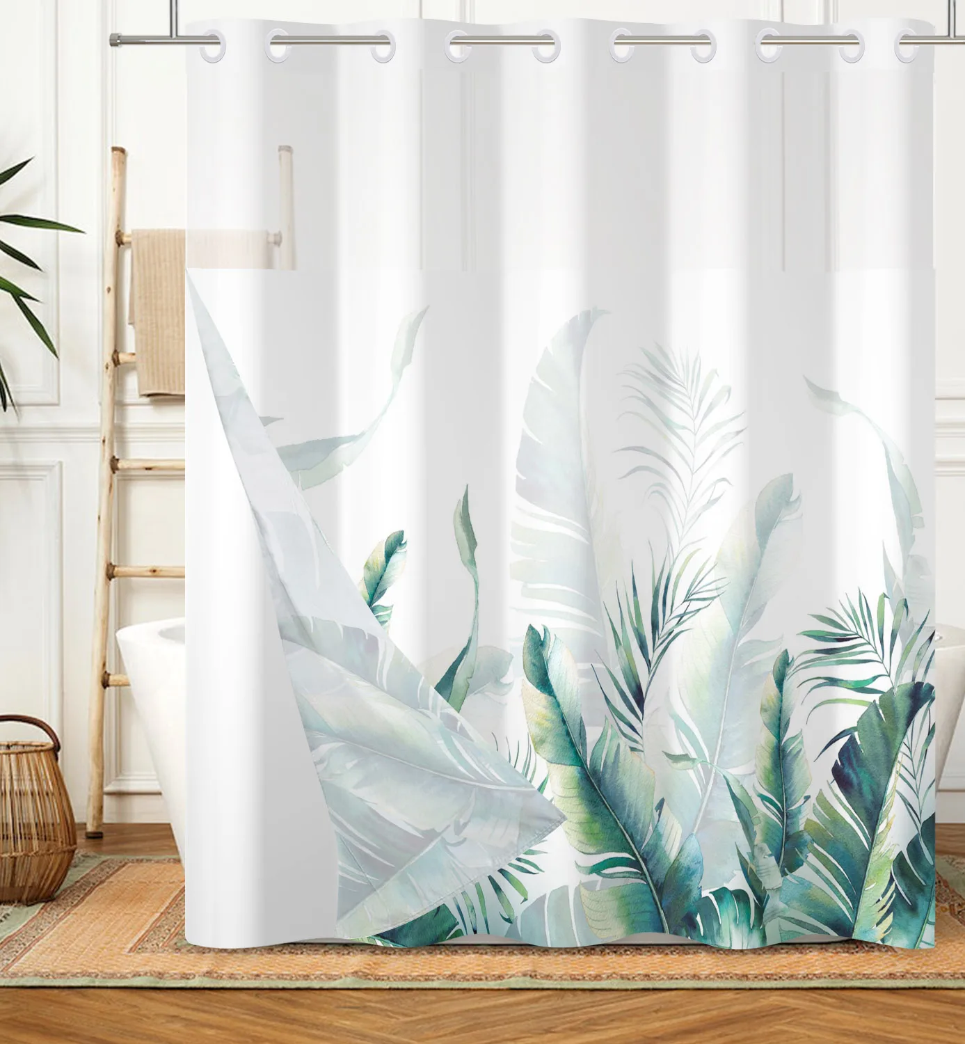 No Hooks Double Layer Shower Curtain Waterproof Removable Lined Leaves Plants Flower Modern Bathroom Decorative Shower Curtains