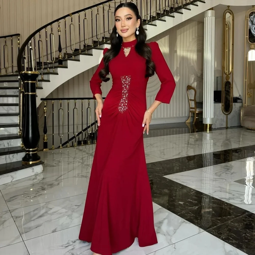 

Burgundy Beaded Long Bespoke Occasion Gown Evening Dresses Pastrol Unisex Jersey Retro Dubai Saudi Arabic Prom Customized