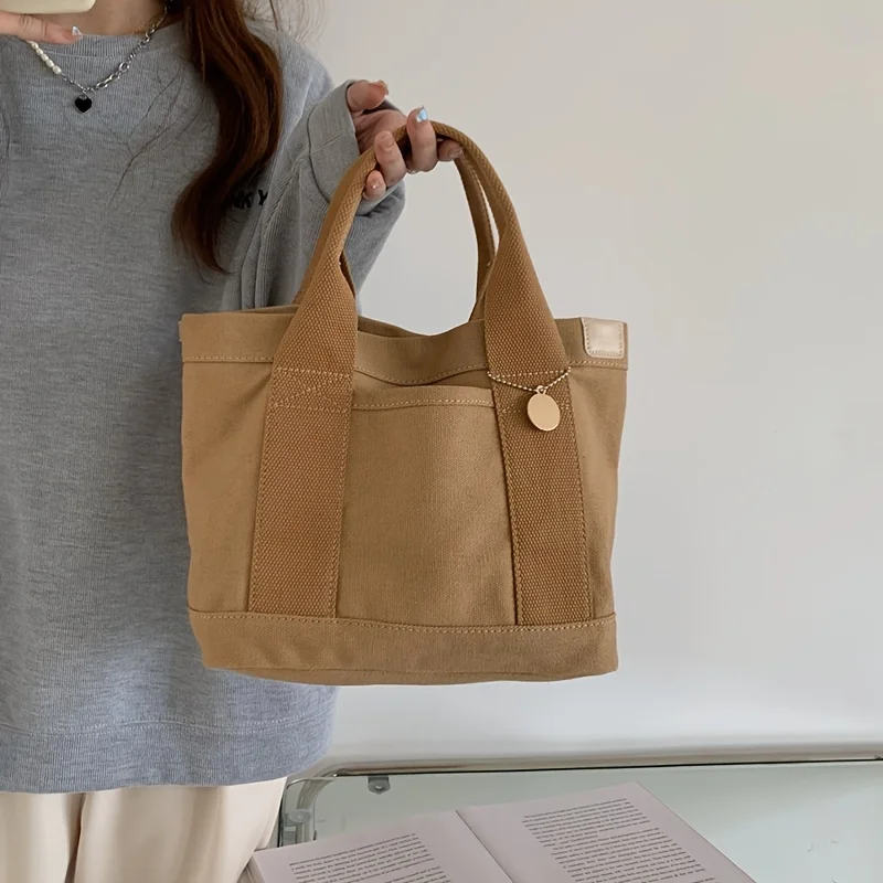 Simple Canvas Tote Bag, Women's Trendy Solid Color Handbag Casual Large Bookbag For Students