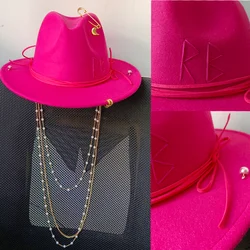 Sombrero Fedora con cadena de perlas Punk para hombres y mujeres, sombreros Punk personalizados con letras en inglés, soportes de varios sombreros, rosa roja, bricolaje