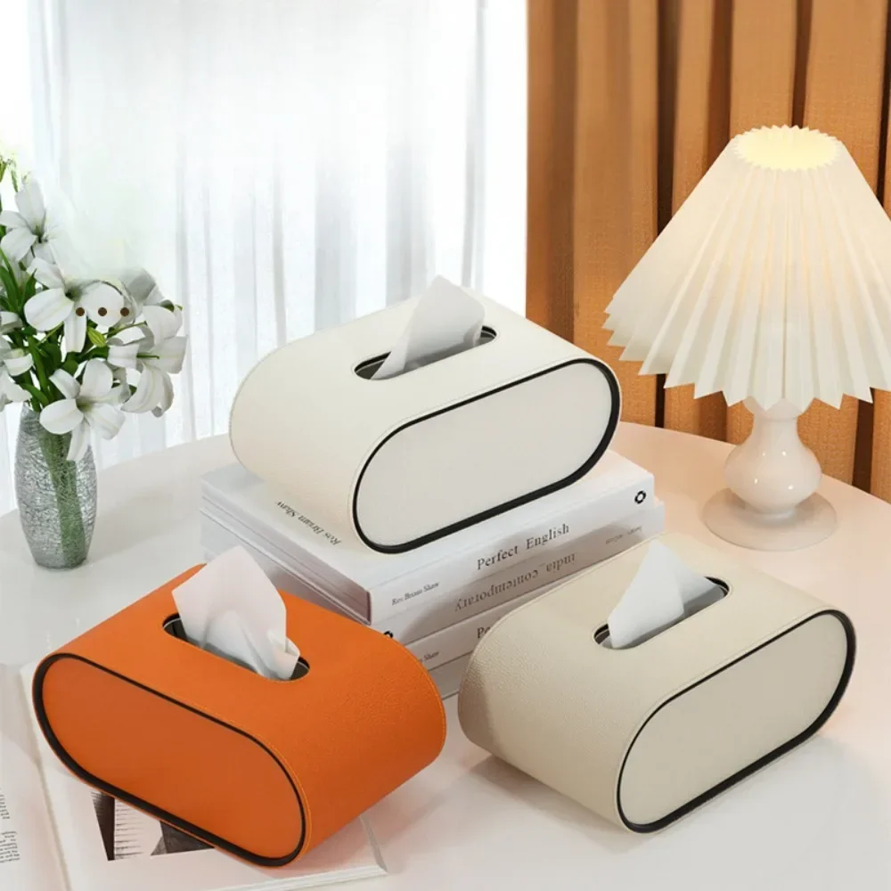 Leather Tissue Box Oval Light Luxury Leather Paper Organizer High-end Creative Living Room Bedroom Desktop Napkin Storage Box