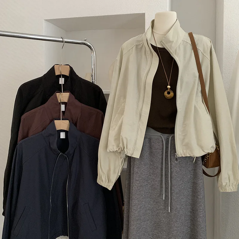 

Женский кардиган на молнии с воротником-стойкой, осенне-весенняя тонкая версия, пальто для отдыха с длинными рукавами, топы в корейском стиле, модные модные