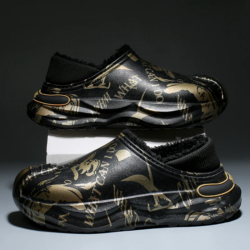 Теплая хлопковая обувь, мужские тапочки, плюшевые тапочки на каблуке, непромокаемые нескользящие зимние тапочки, мужские домашние тапочки на платформе