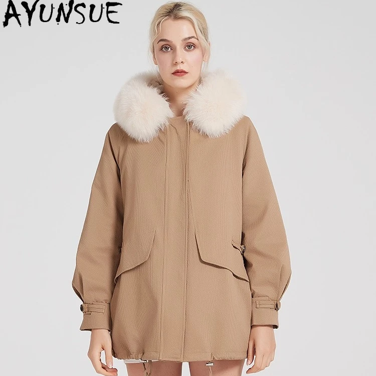 

AYUNSUE Rex Rabbit Fur Coat Женская парка из натурального меха 2025 Зимняя одежда Теплые толстовки с воротником из лисьего меха Женское пальто Пальто Женское