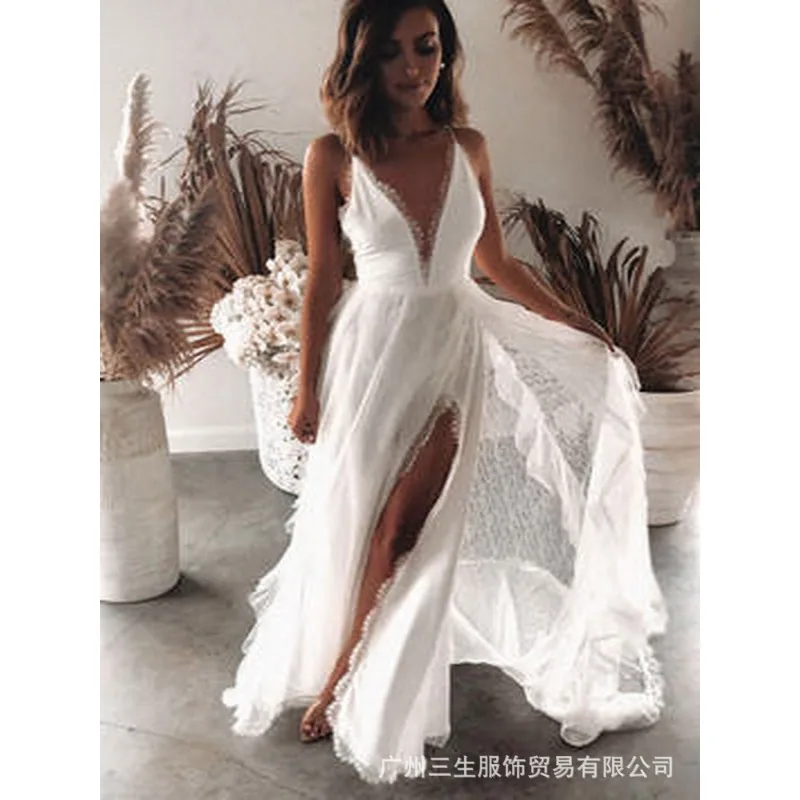 2023 Sexy Elegant Party Formal Dress Women's Fashion Lace Patchwork Slit Dress Women's V-neck Sleeveless Spaghetti Strap Dress