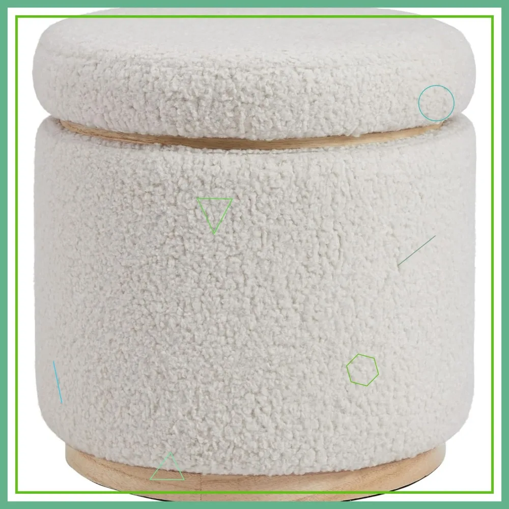 Otomana Redonda de Almacenamiento con Base de Madera, Color Crema Sherpa, 15"x15"x18"
