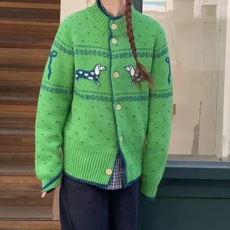 

Women Knitted Cardigan Sweaters Jacquard Jumpers Round Neck Long Sleeves Single Breasted Casual Office Lady 2025 Autumn Winter