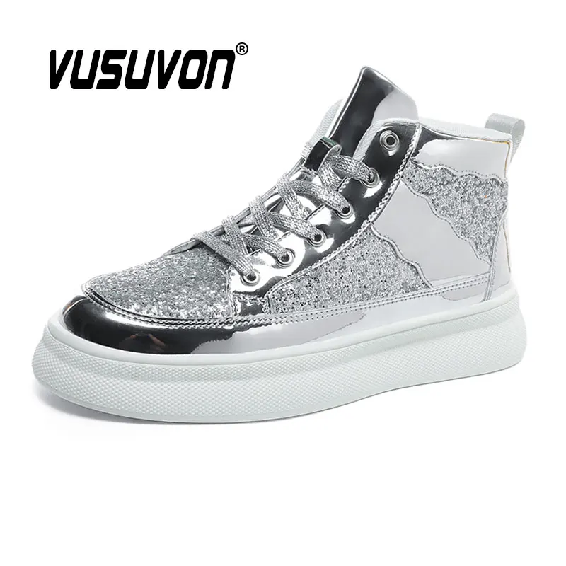 Bling Bling Fashion Men Boots Patent Leather Winter Autumn For Party Dress Shoes Comfortable Ankle Flats Size 38-45