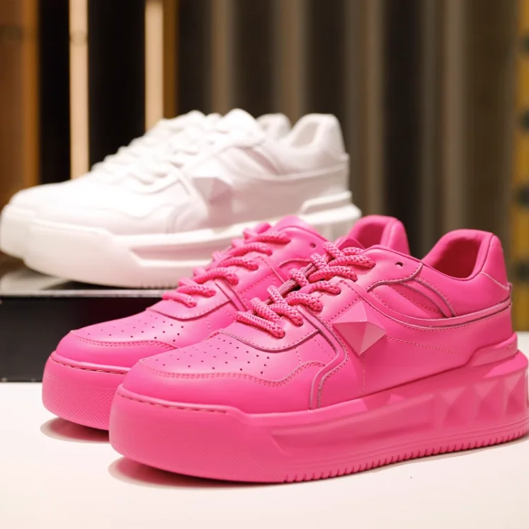 Zapatillas de deporte de cuero para mujer, zapatos deportivos de lujo con remaches, punta redonda, diseño de moda, color blanco y fucsia