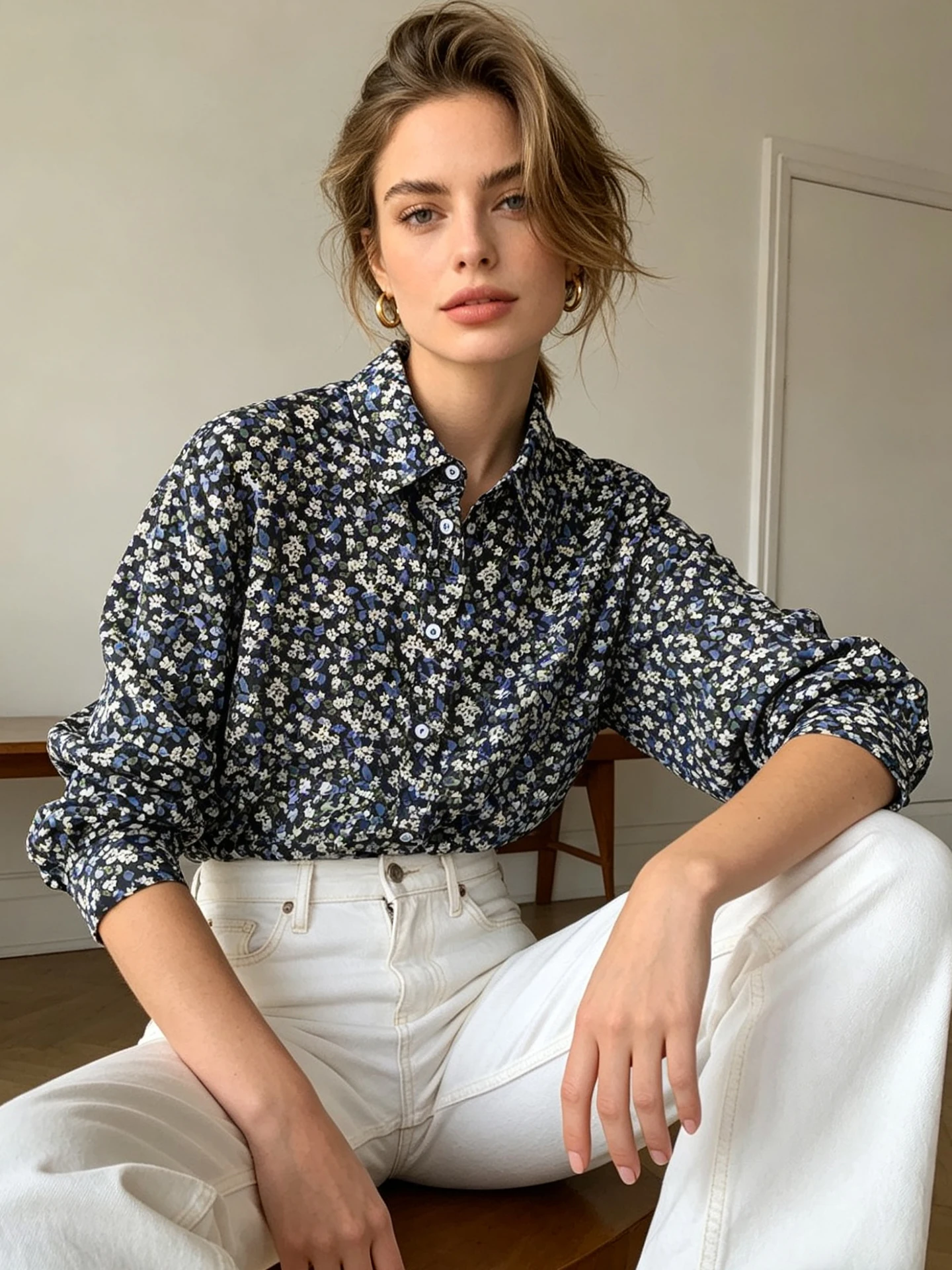 

Французская женская рубашка из чистого хлопка с цветочным принтом, свободного кроя, с длинными рукавами, классическим воротником, эффектом похудения, универсальная повседневная рубашка