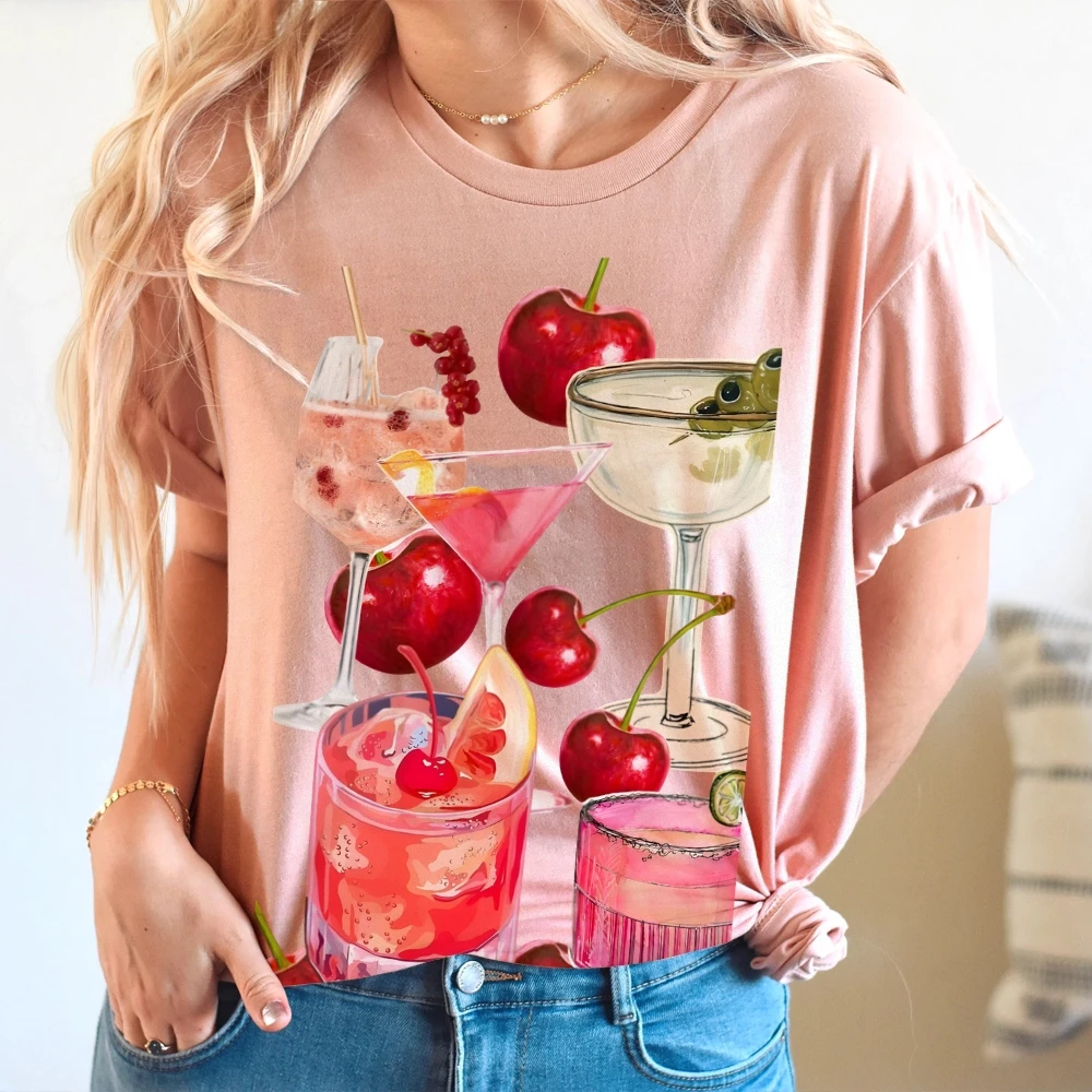 Camiseta gráfica de coquetel de frutas 100% algodão de alta qualidade oversize colorido camiseta cereja bebidas impressão verão y2k vibe