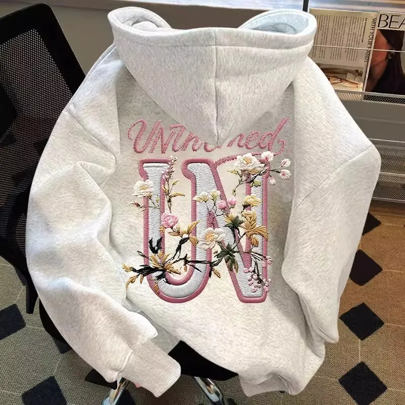 

Large Size 300 Pounds American Style Floral Hoodie Sweatshirt Men's Autumn Winter New Couple's Faux Embroidery Jacket