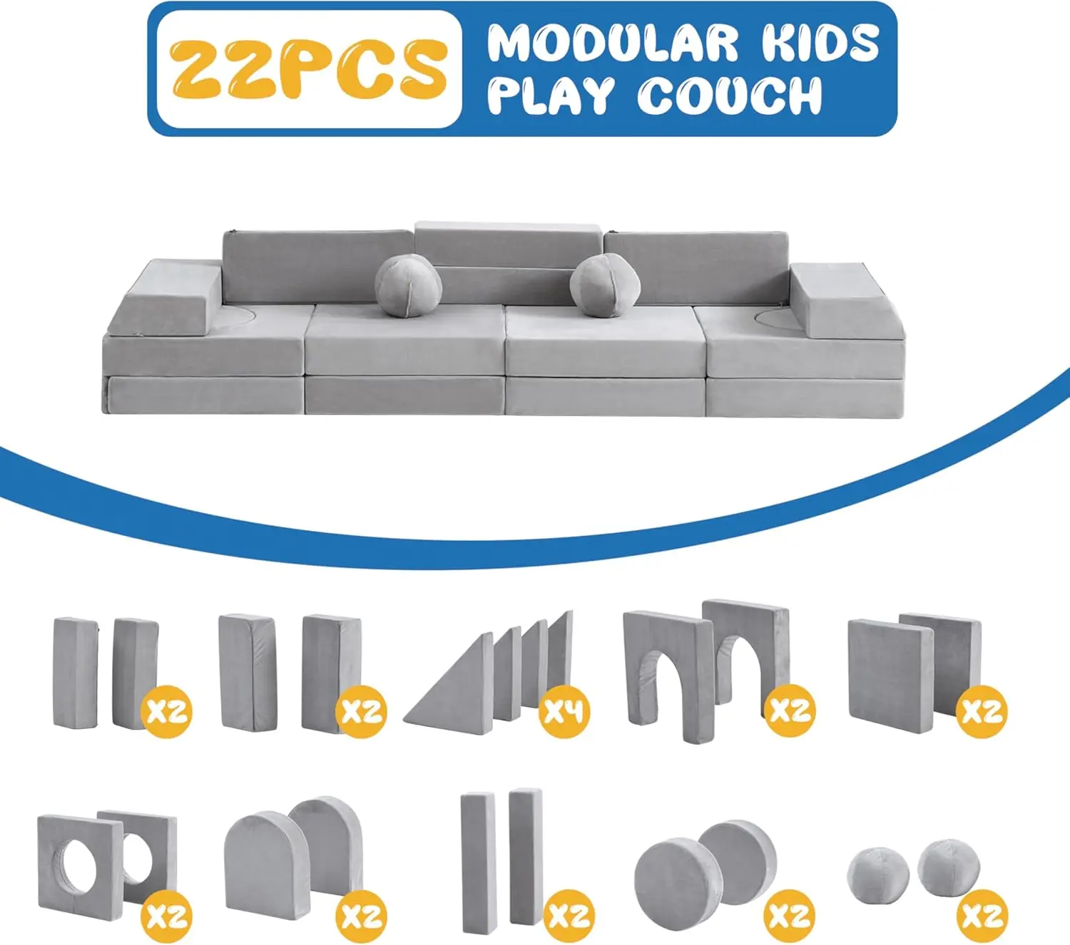 Play Couch, Floor Sofa 1000+Dly Creativing Playroom Furniture, Convertible Foam and Floor Cushion for Boys and Girls, grey2