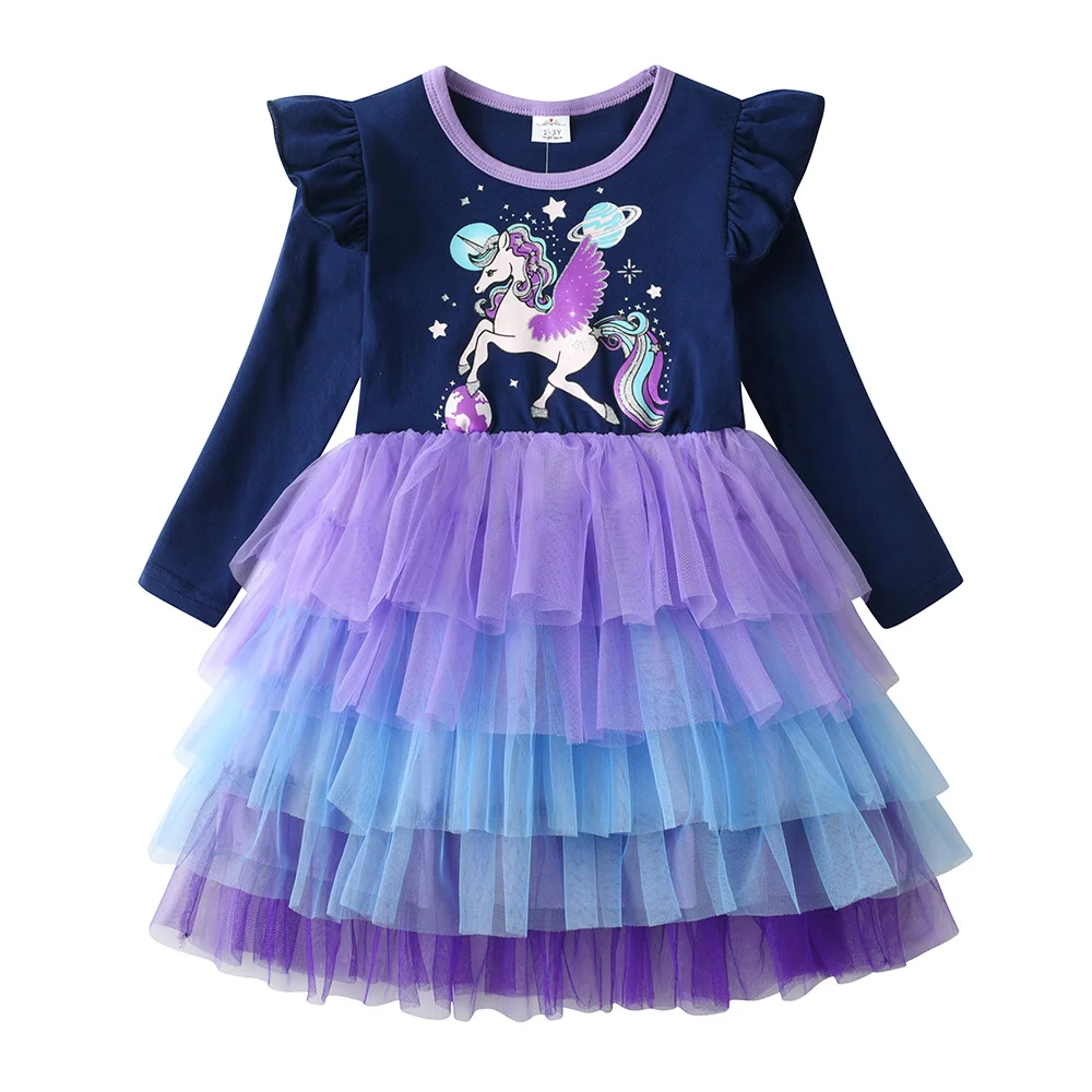 Mädchen Einhorn-Galaxie-Print Geburtstagsparty Prinzessinnen-Tutu-Kleid Kinder Langarm Herbst Mehrschichtiges Ombre-Tüll Marineblaues Kleid – Detail 4