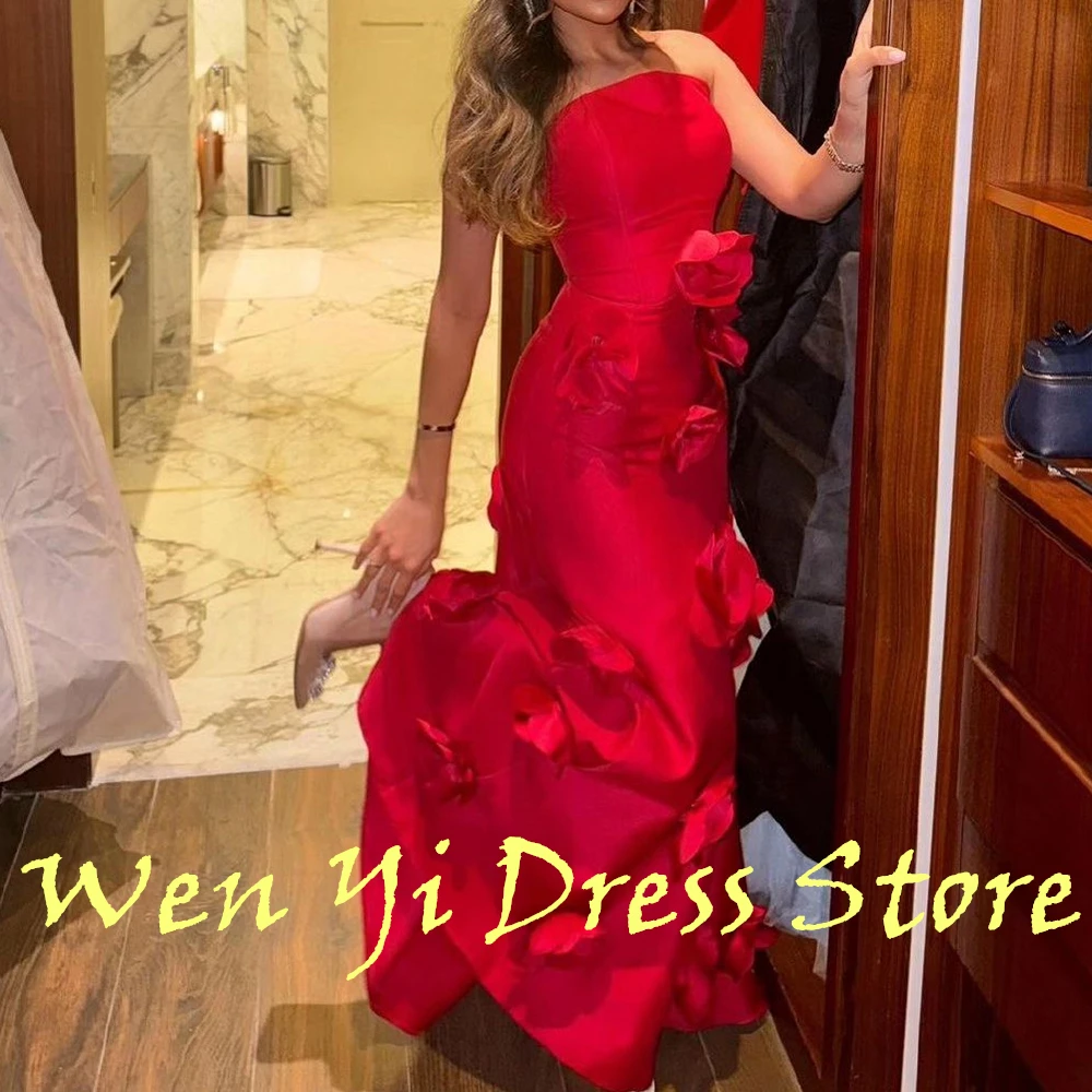 Elegant and Fashion Strapless Satin Solid Color Evening Dress Pleat Flowers A-Line Floor Length Sleeveless Bespoke Occasion Gown