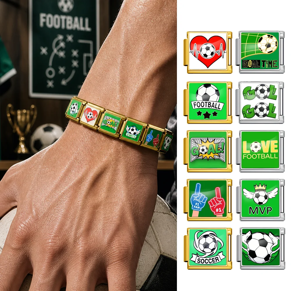 

Soccer Football Goal Time MVP Victory Italian Charm Link Fit 9mm Italian Charm Bracelet Stainless Steel Jewelry DIY Making Beads