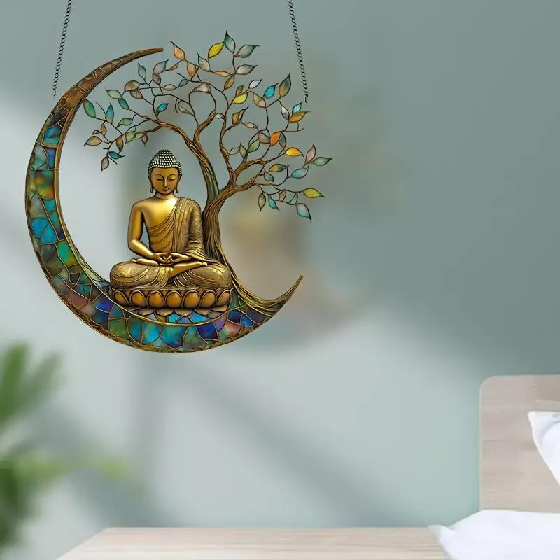 1Pc Charming Buddha Sun Catcher in Stained Acrylic Style for Window Decor Religious Home Office Cottage Garden Terrace Spiritual