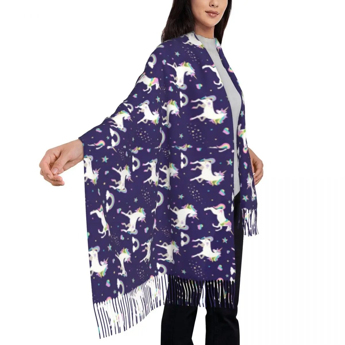 

Женский шарф, теплые мягкие шарфы со звездами и единорогом, шарфы с кисточкой, милые винтажные шали и шарфы фиолетового и радужного цветов, зимняя Дизайнерская одежда