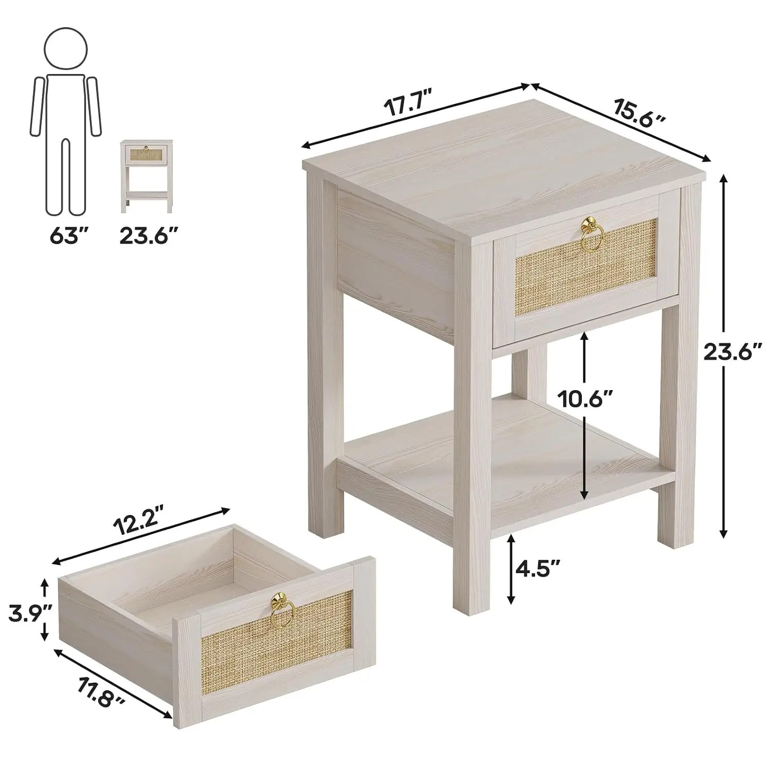 Rattan Nightstand Set of 2 with Woven Drawer Bedroom Furniture Storage Side Table, Customized