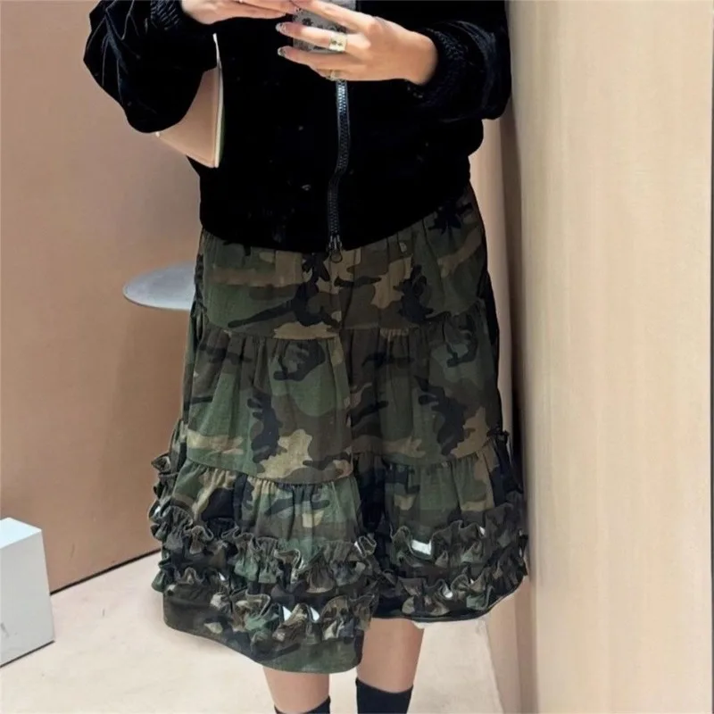 Camuflagem impressão dobras babados saia feminina outono inverno rua vintage cintura alta a linha saias de comprimento médio y2k skort