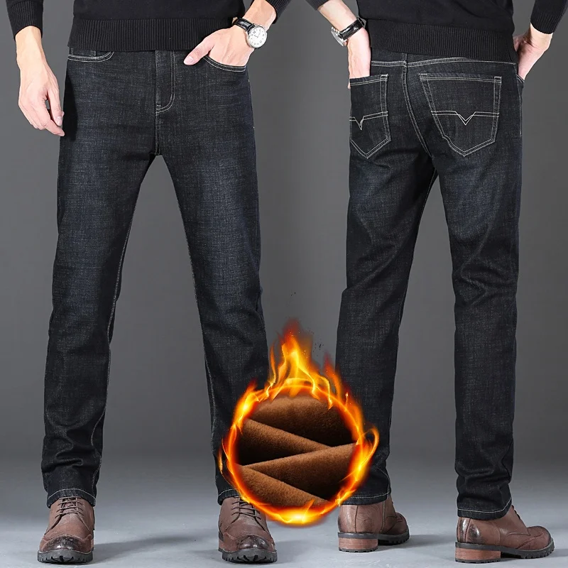 Classic and Popular Men's Lined Fleece Jeans for Winter Warmth and Thick Business Casual Straight Leg Pants Brand Men's Clothing