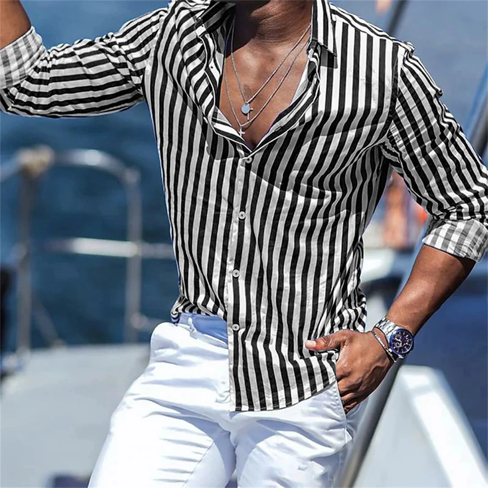 Men\'s Long Sleeve Shirt Striped Shirt Fashion Casual High Quality Street Lapel Men\'s Extra Large Size Top