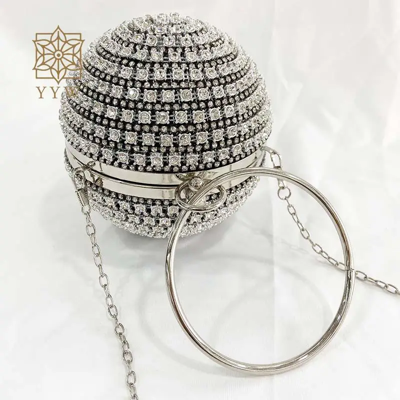 Luxury Glitter Crystal Diamonds Round Ball Evening Bag Elegant Circular Ring Top Handle Wedding Wallets Women Rhinestone Handbag